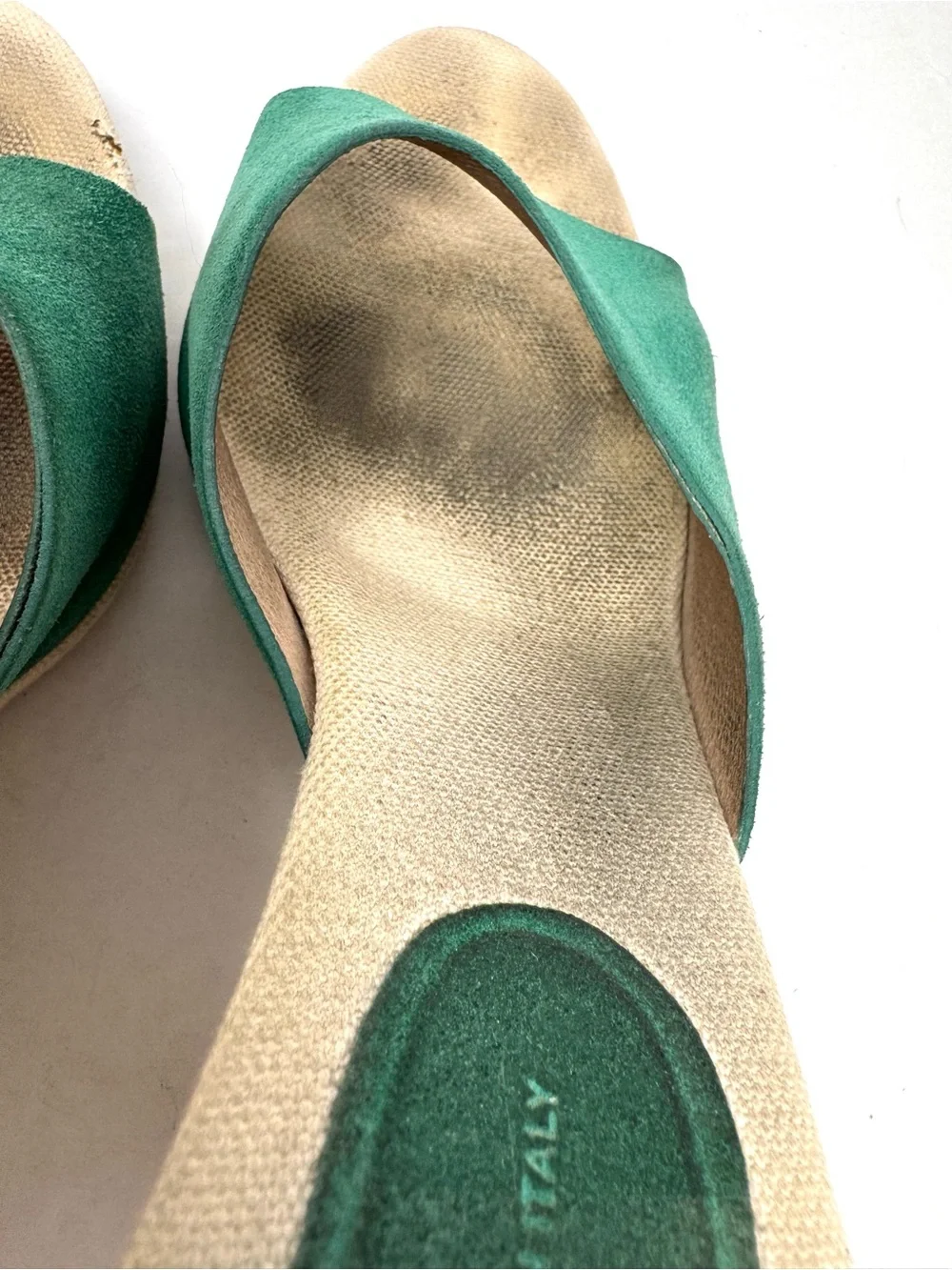 DKNY green suede peep toe wedges, made in Italy, size 8.5